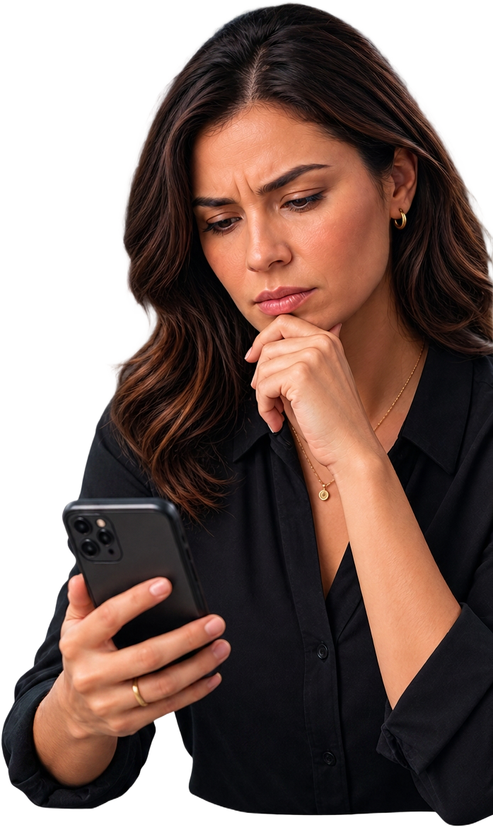Prestadora de serviço olhando o celular com expressão de dúvida sobre o preço
